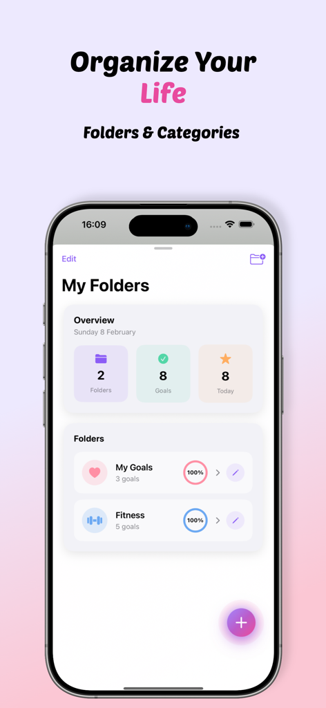 Glow: Habit & Goal Tracker - Glow app interface showing My Folders section with progress tracking for goals and fitness