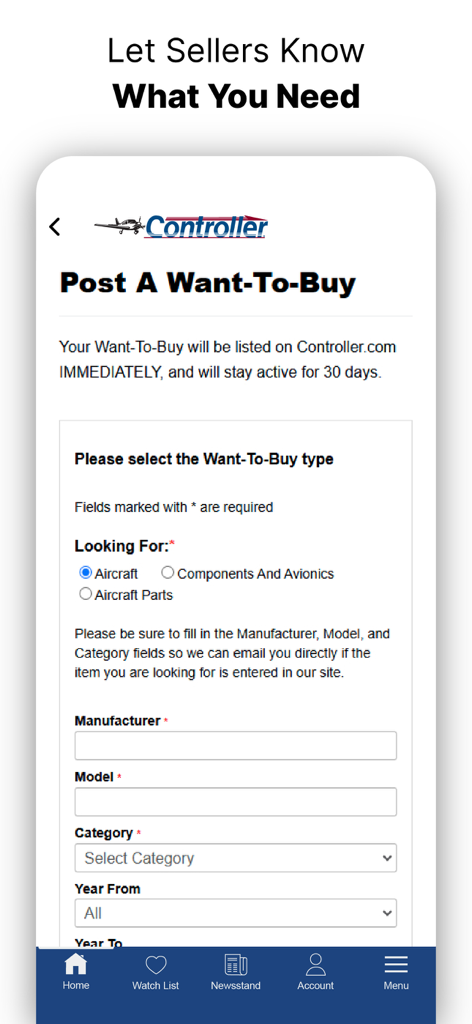 Controller: Aircraft for Sale - Captura de tela do aplicativo Controller mostrando um formulário 'Post A Want-To-Buy' para aeronaves e peças de aviação