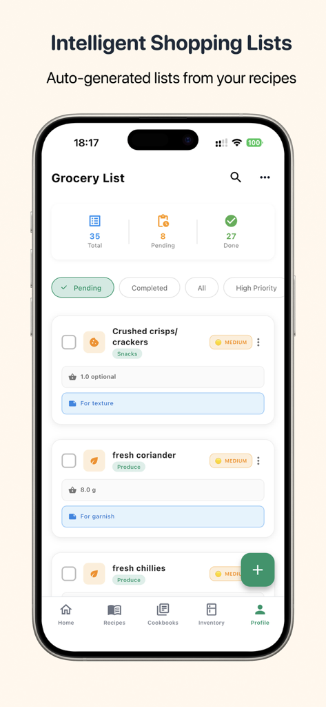 Clove Cook - Recipe Organizer - Clove Cook app interface showing an intelligent grocery list with items auto-generated from recipes