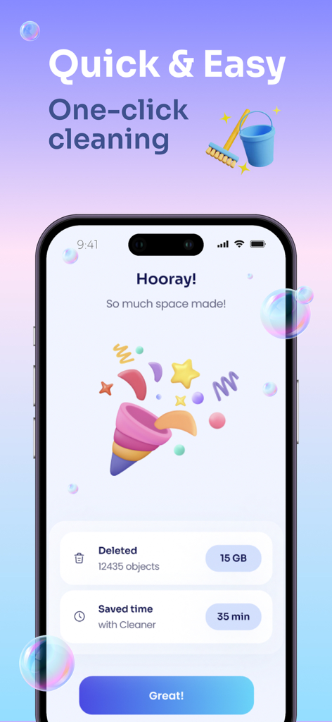 CleanApp Pro: Storage Cleaner - Interfaz de CleanApp Pro mostrando 15GB de almacenamiento eliminado y 35 minutos de tiempo ahorrado