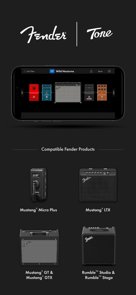 Fender Tone app interface on a smartphone showing a virtual guitar signal chain with compatible Mustang and Rumble amplifiers listed below