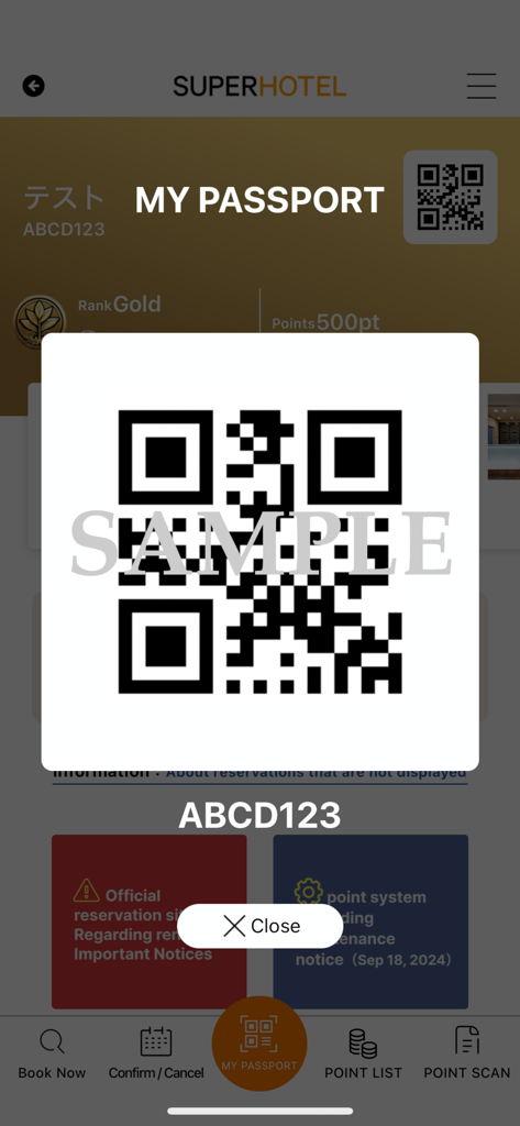 SuperHotel - The My Passport screen in the SuperHotel app showing a membership QR code and loyalty points status
