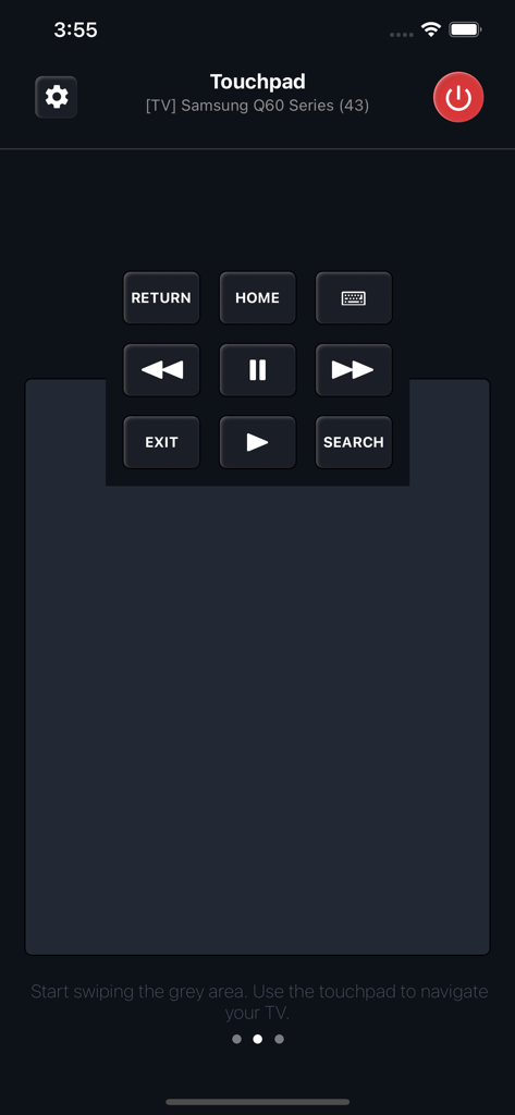 Smartphone app screen showing a universal TV remote touchpad interface with media controls for a Samsung Smart TV