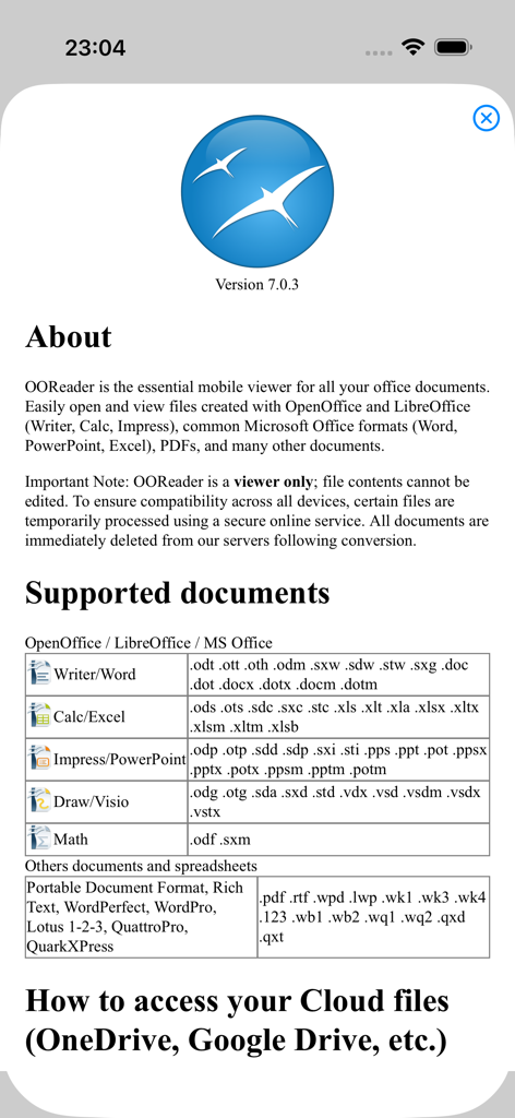 OOReader - OOReader app information screen displaying a table of supported file formats for OpenOffice LibreOffice and Microsoft Office