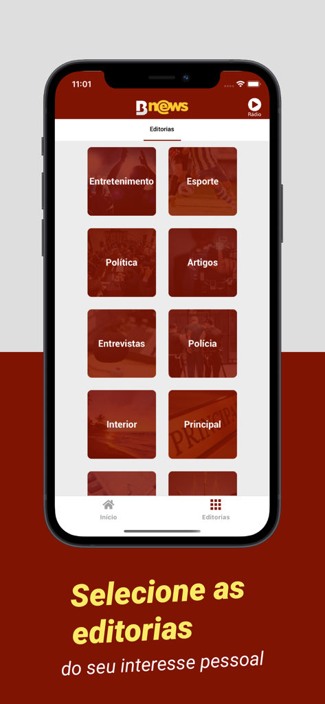 Tela de seleção de categorias do aplicativo BNews Oficial em um iPhone.
