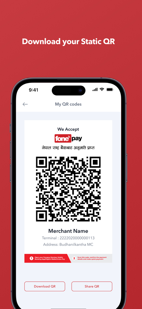Fonepay Business - Fonepay Business mobile app interface showing a static QR code for merchant payments.