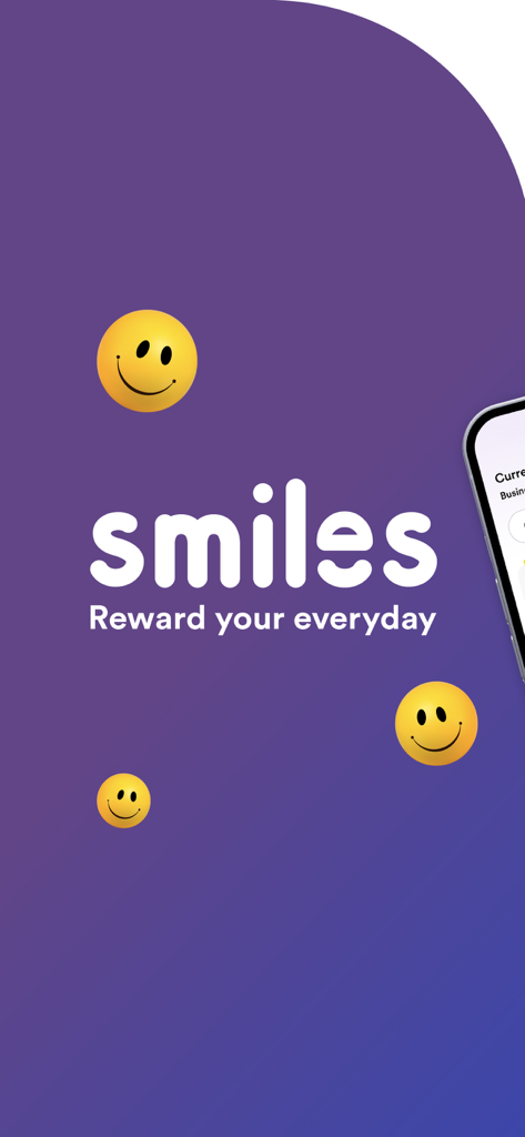 Smiles app logo and tagline Reward your everyday with yellow smiley icons on a purple background