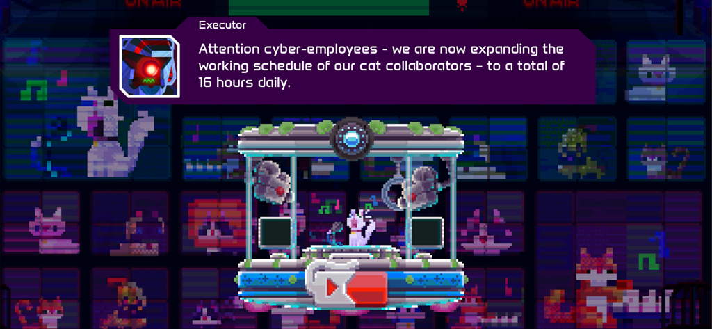 Lia: Hacking Destiny - A robot executor announcing work hours for cats in Lia Hacking Destiny