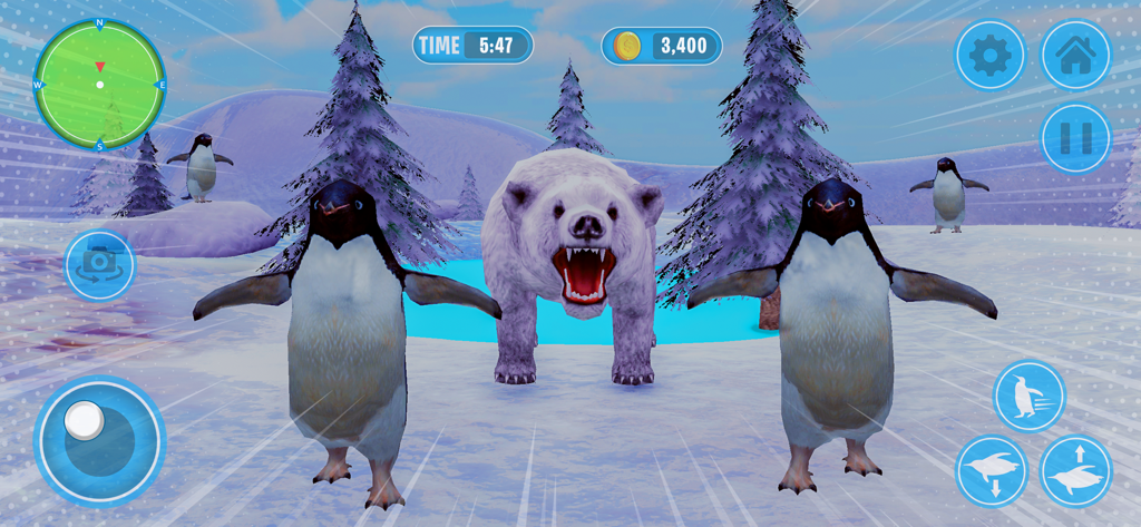 Penguin Bird Simulator 3D - Two penguins facing a roaring polar bear in an icy 3D landscape