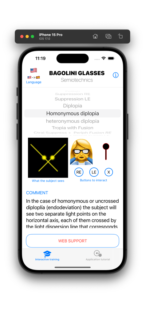 Bagolini Test - Interface of the Bagolini Test app showing an interactive simulation for homonymous diplopia