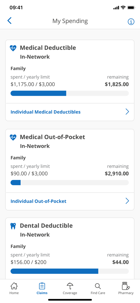 BCBSIL app screen showing medical and dental deductible spending status