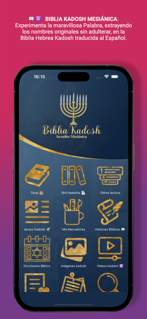 Menu principal de la aplicacion Biblia Kadosh Mesianica con iconos dorados para el estudio del Tanaj y Brit Hadasha