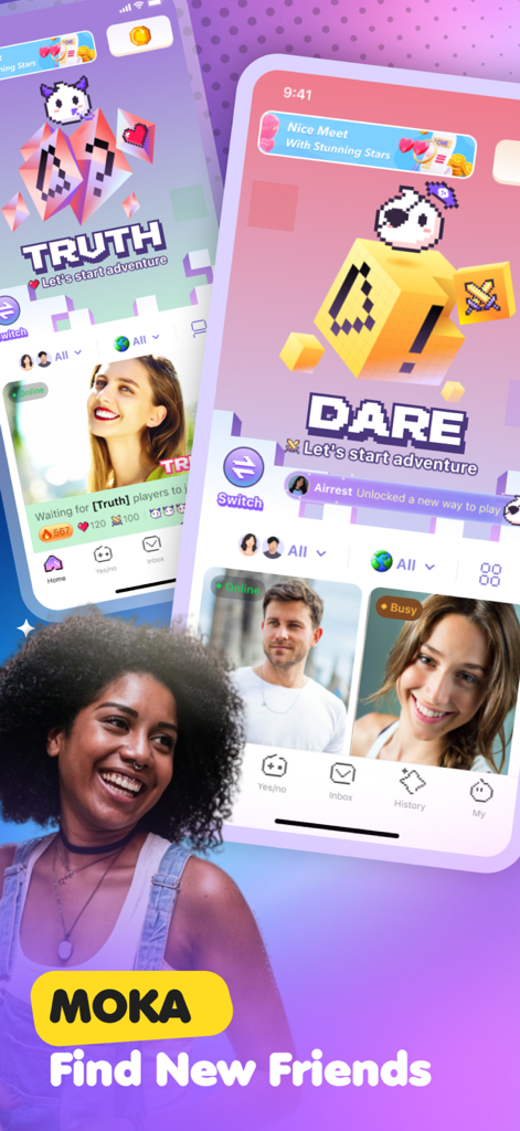 MOKA : Play & Live Stream - MOKAアプリのインターフェース。真実か挑戦かのゲームモードと、新しい友達を見つけるためのユーザープロフィールを表示。