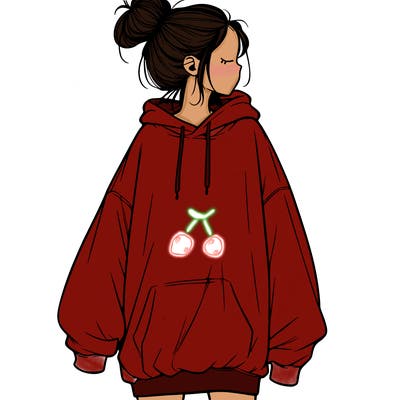 realistic girl with a oversized sweatshirt on and a bun