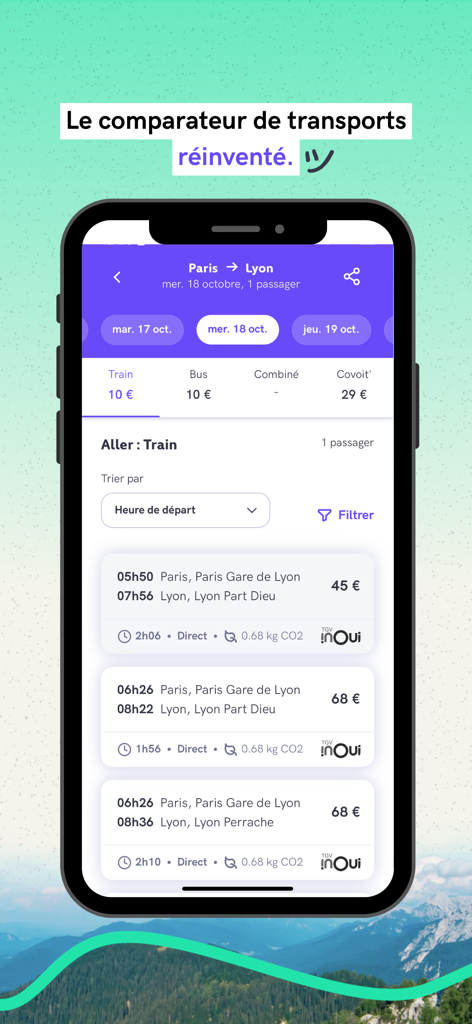 Tictactrip mobile app interface showing train and bus comparison for a trip from Paris to Lyon