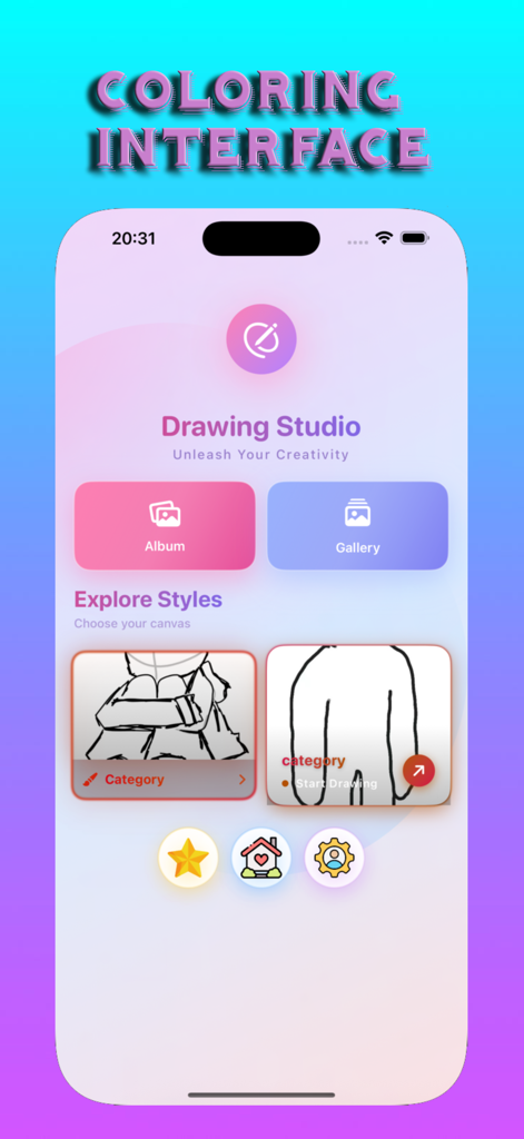 Interfaz del Estudio de Dibujo en la app Forsaken Coloring for Blox mostrando contornos de personajes para colorear.