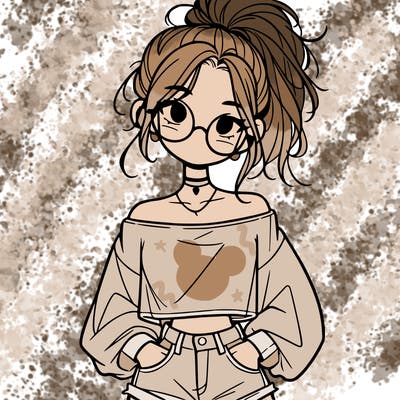 girl with a messy ponytail glasses a baggy crop top and jean shorts