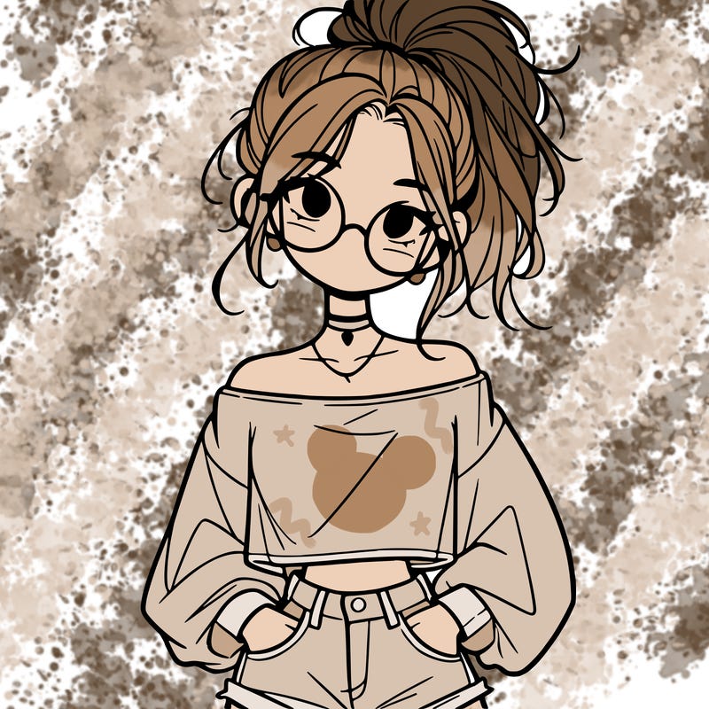 girl with a messy ponytail glasses a baggy crop top and jean shorts