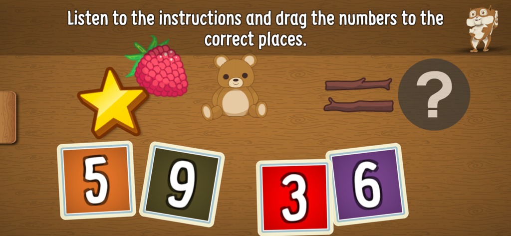 Lucky's Tree of Puzzles - A children's educational counting puzzle game featuring a star, a raspberry, and a teddy bear with number tiles.