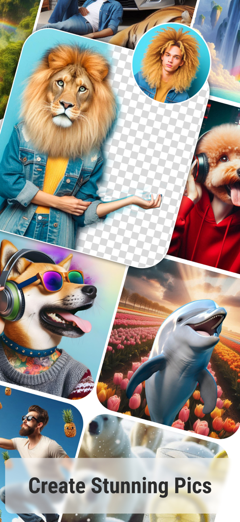 A collage of funny photo edits including a person with a lion head and a dolphin in a flower field