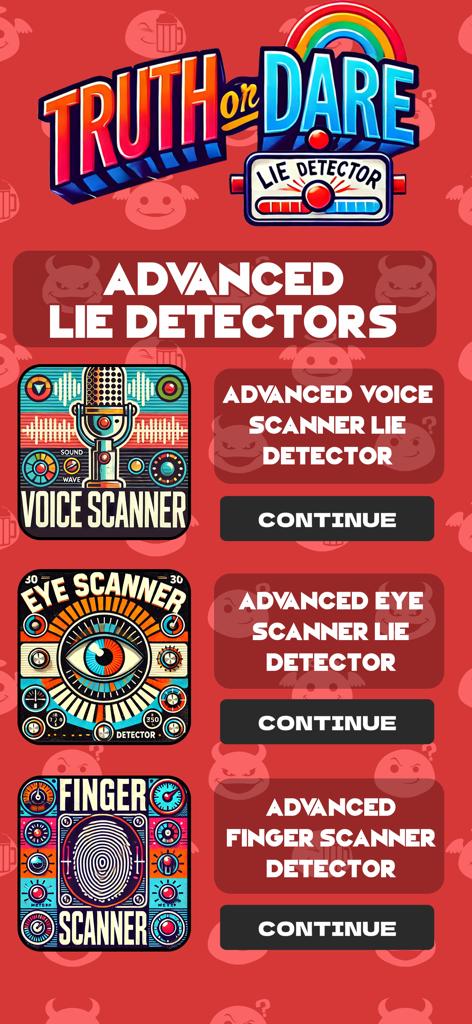 Lie Detector Test - Truth Dare - Interface do aplicativo Teste do Detector de Mentiras mostrando opções para Scanner de Voz, Scanner de Olhos e Scanner de Impressão Digital.