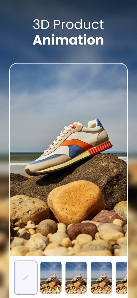 AirVid app interface demonstrating a 3D product animation feature with a sneaker on a rock at the beach