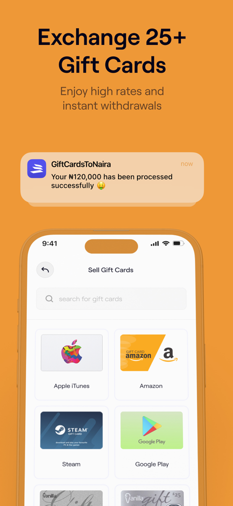 GiftCardsToNaira:Sell GiftCard - Mobile app interface of GiftCardsToNaira showing options to sell Apple Amazon Steam and Google Play gift cards with a successful payment notification