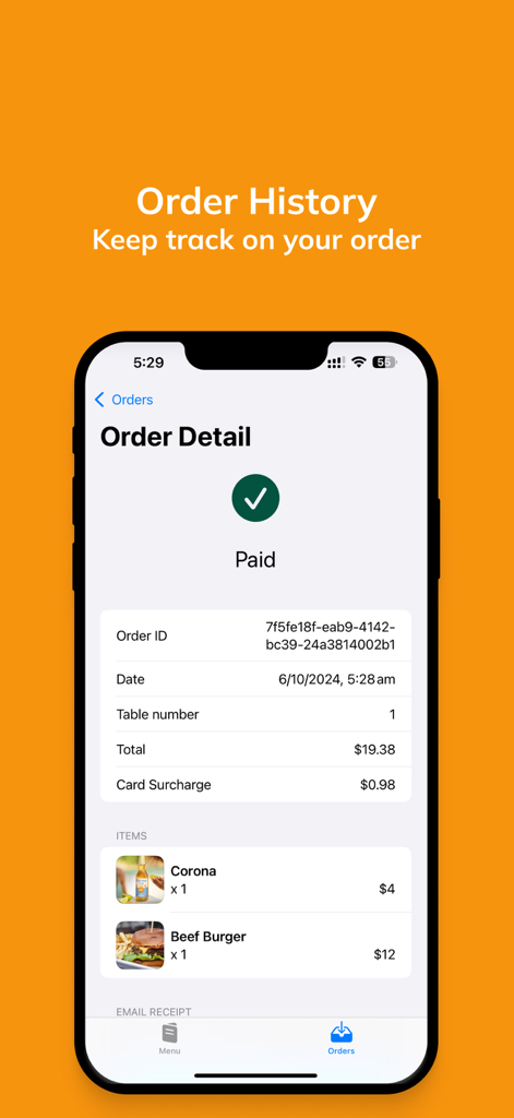 Hivive Order - Hivive Order app screenshot showing a paid order receipt for a beef burger and beer