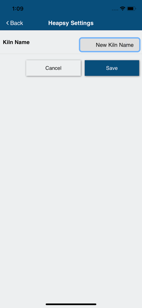 Bartlett KilnAid - Settings screen in the Bartlett KilnAid app for naming and saving a new kiln configuration.