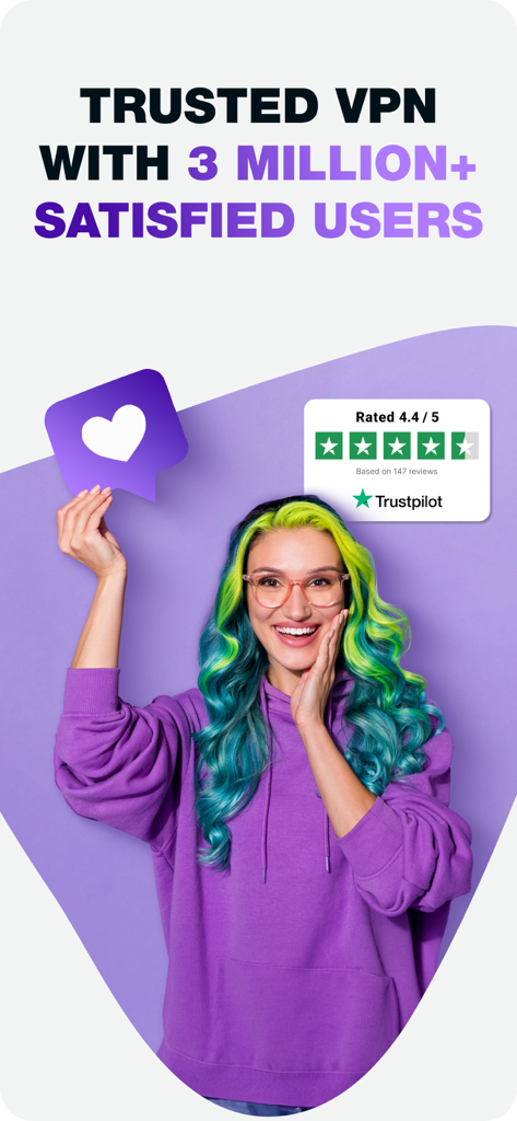 300万人以上の満足したユーザーと4.4のTrustpilotレーティングを示すPureVPNプロモーション画像。