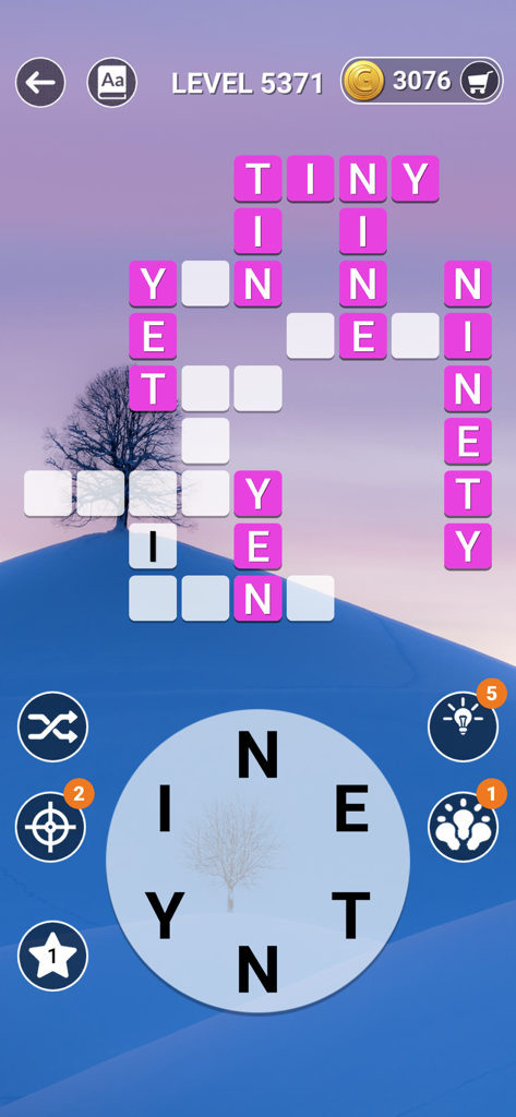 Word Scenery Master: Crossword - Gameplay of Word Scenery Master showing a crossword puzzle over a serene winter landscape background.
