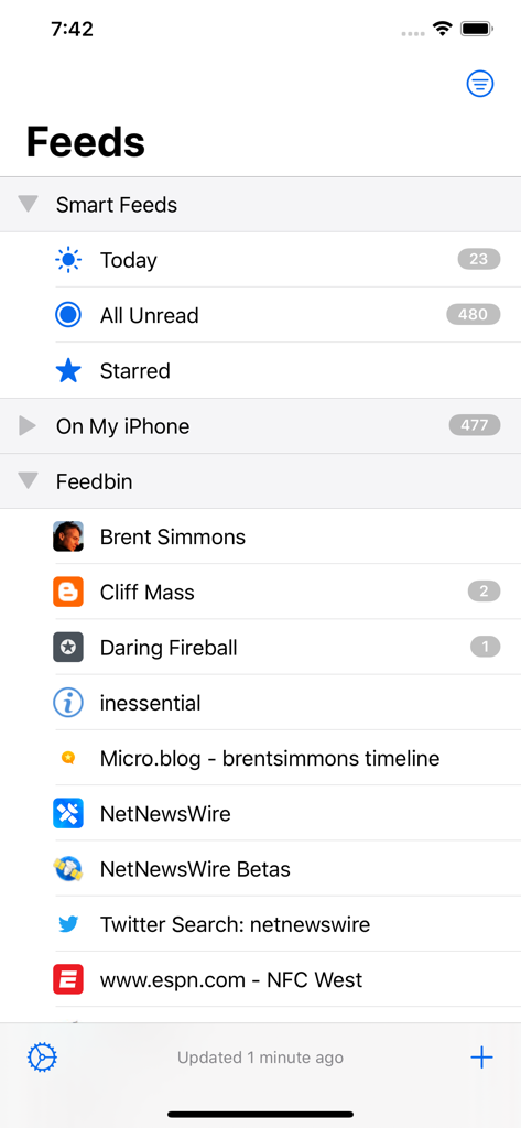 Screenshot of the NetNewsWire RSS reader app feeds screen showing smart folders and blog subscriptions.