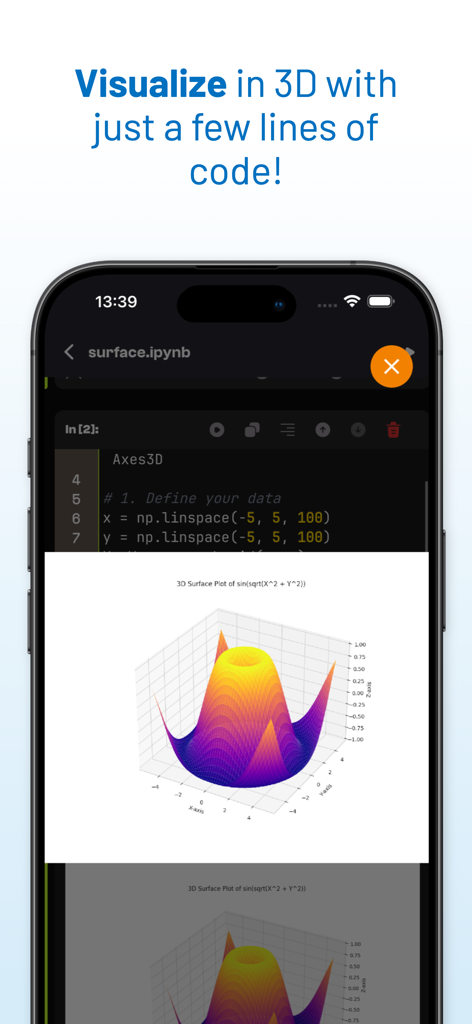 A 3D surface plot visualization generated from Python code in the JuNote app interface
