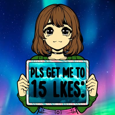 realistic girl holding up a sign that says “pls get me to 15 likes!”