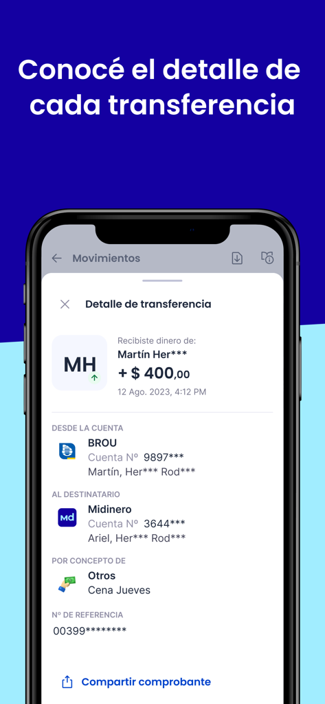 Midinero App - Pantalla de Midinero App mostrando detalles de un recibo de transferencia de dinero con información del remitente y el monto