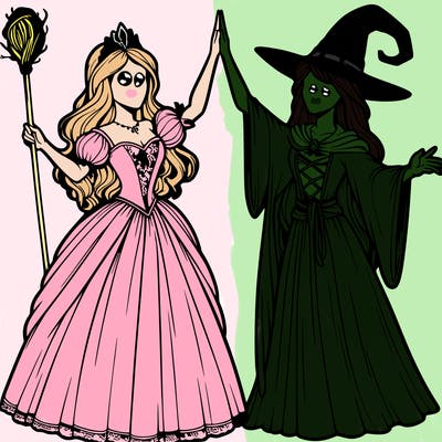 detailed realistic split of a princess and a witch