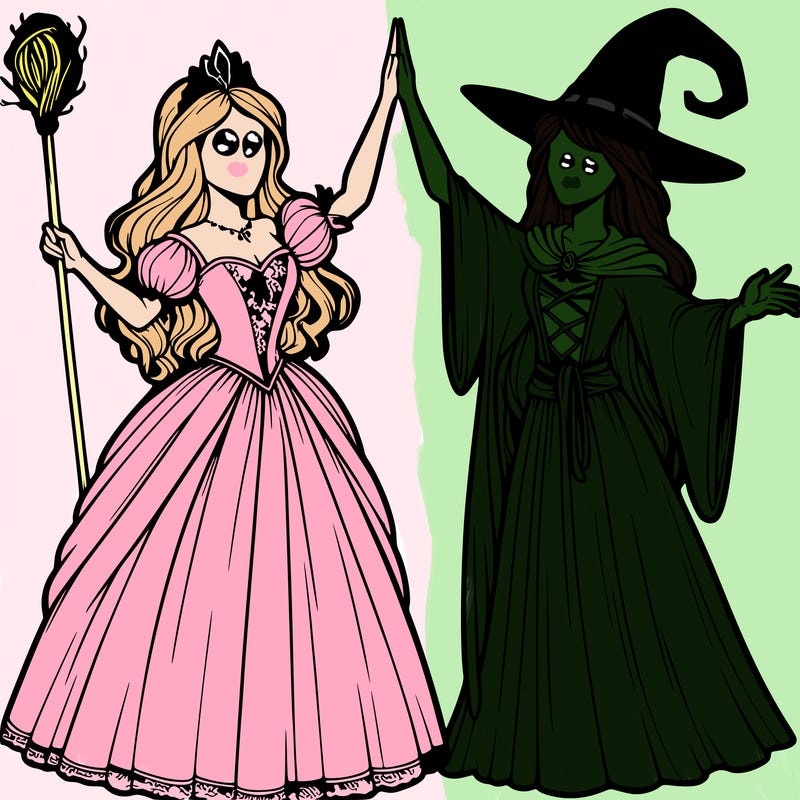 detailed realistic split of a princess and a witch
