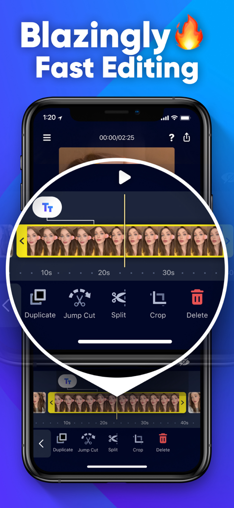 A smartphone displaying the VideoEasy app interface highlighting its fast editing tools and AI jumpcut feature.