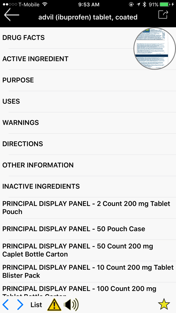 Mobile app interface displaying drug facts and information for Advil ibuprofen including active ingredients warnings and directions