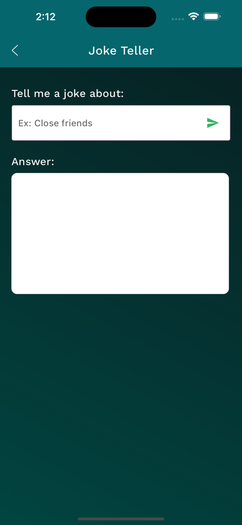 ChatPro - AI Assistant - Interface of the joke teller feature in ChatPro AI Assistant showing a prompt input for jokes.