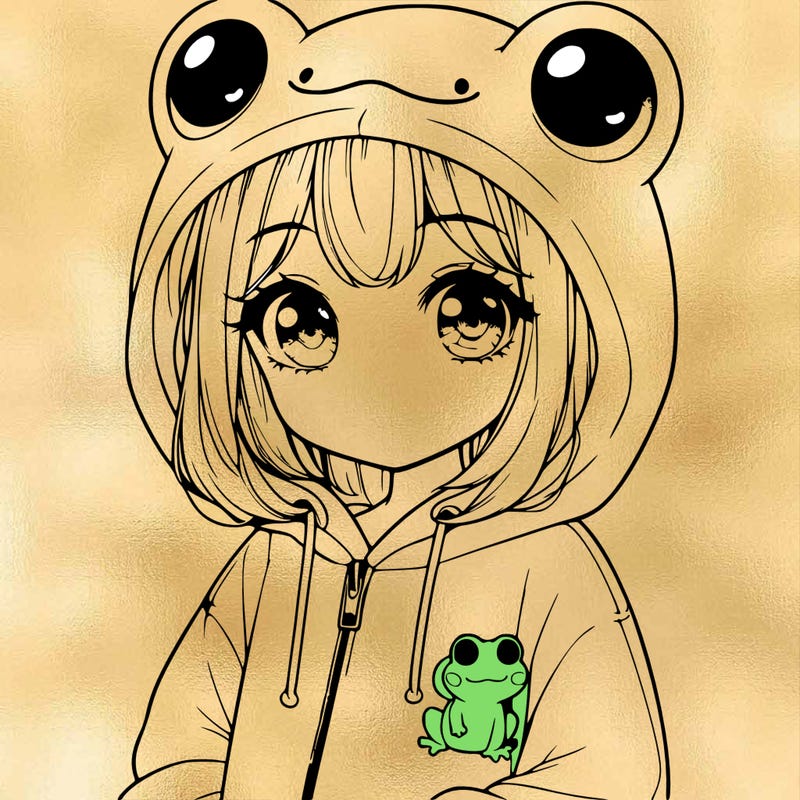 cute realistic girl in a froggy hoodie