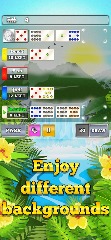 Mexican Train Dominoes Gold - Mexican Train Dominoes gameplay showing a tropical waterfall background theme