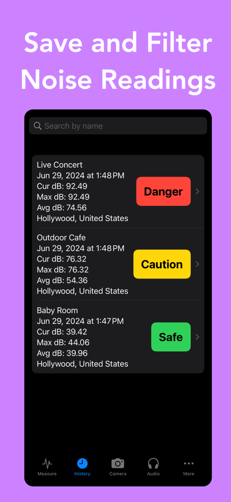 Decibel Shieldアプリの画面。危険注意と安全ステータスインジケーター付きで、保存された騒音レベル測定値のリストを表示しています。