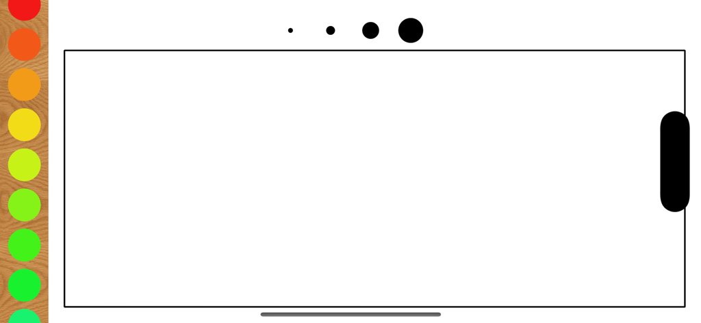 Childrens Drawing Board - A minimalist digital drawing canvas for kids featuring a wood-textured sidebar with colorful paint buttons and brush size selectors at the top.