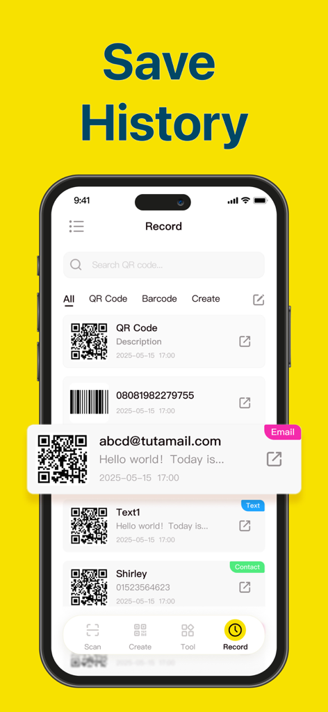 QR Code Reader & Barcode · - Mobile app screen displaying a saved history of scanned and created QR codes and barcodes organized by category.