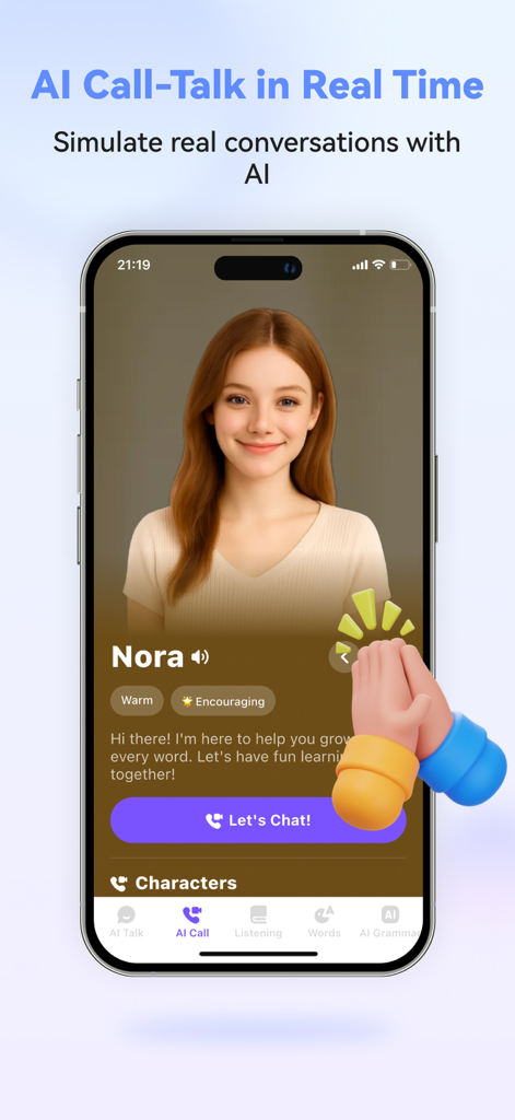 친근한 AI 튜터 Nora와 실시간 영어 대화 통화를 보여주는 모바일 앱 인터페이스