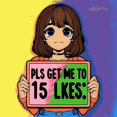 realistic girl holding up a sign that says “pls get me to 15 likes!”