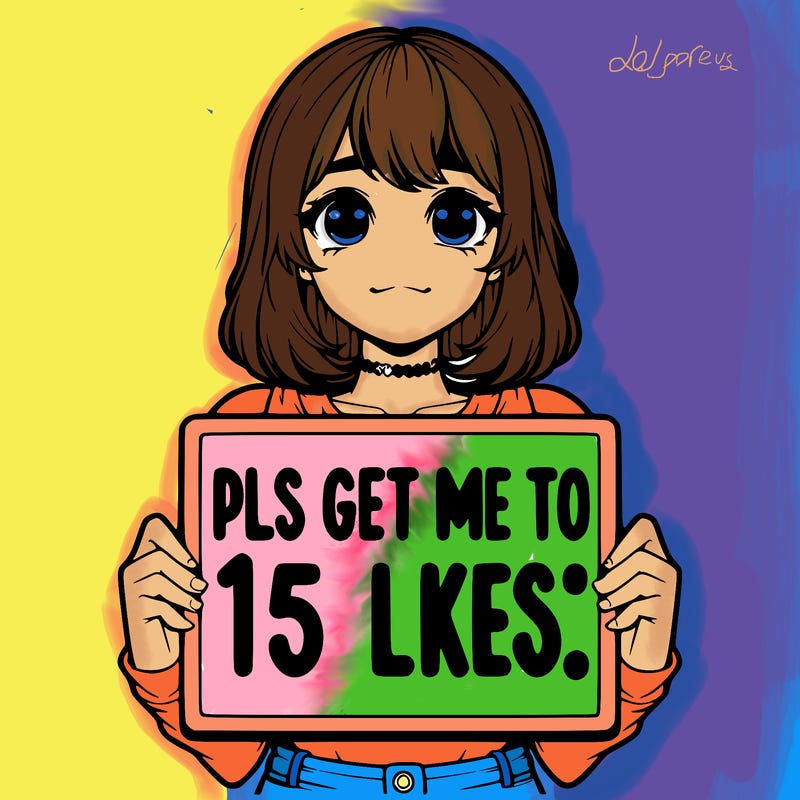 realistic girl holding up a sign that says “pls get me to 15 likes!”