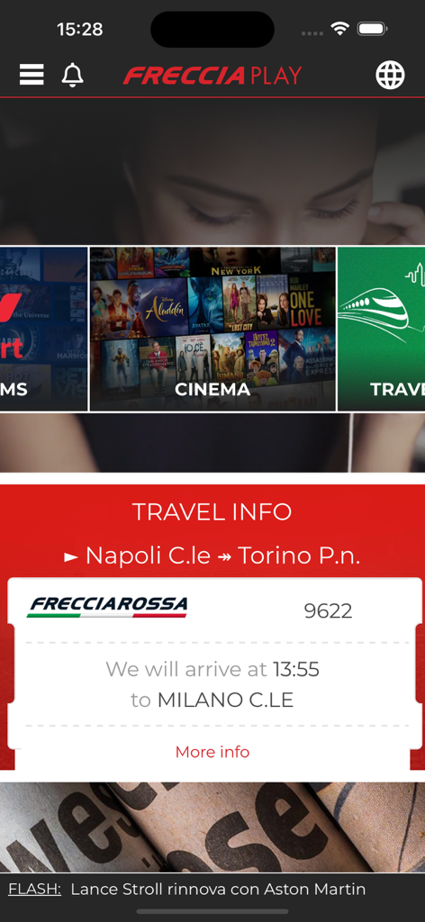 FRECCIAPlay app showing movie categories and real-time train travel updates.