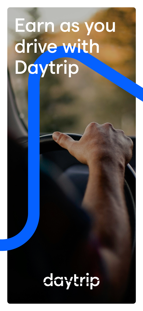 Daytrip Driver - La mano de un conductor profesional en un volante con el texto Gana mientras conduces con Daytrip